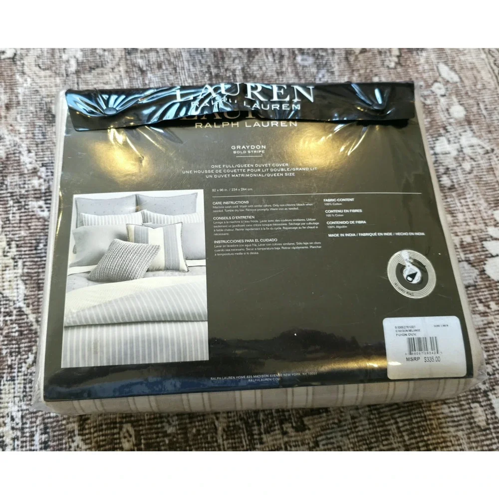 Ralph Lauren Graydon Melange Bold Stripe Full/Queen Duvet Dune Linen NIP
